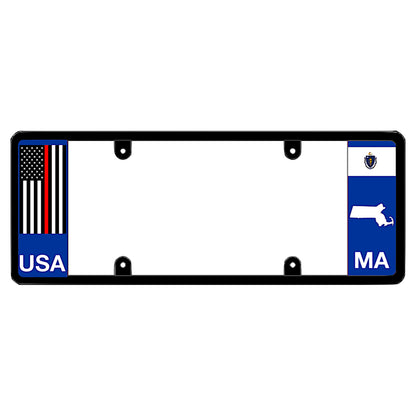 Firefighter license plate frame featuring a blue left panel with a vertical Thin Red Line USA flag and white USA lettering. The blue right panel displays the Massachusetts state flag, a white state map outline, and white MA lettering