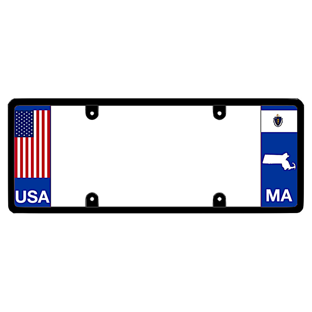 Black license plate frame featuring a blue left panel with a vertical American flag and white USA lettering. The blue right panel displays the Massachusetts state flag, a white state map outline, and white MA lettering