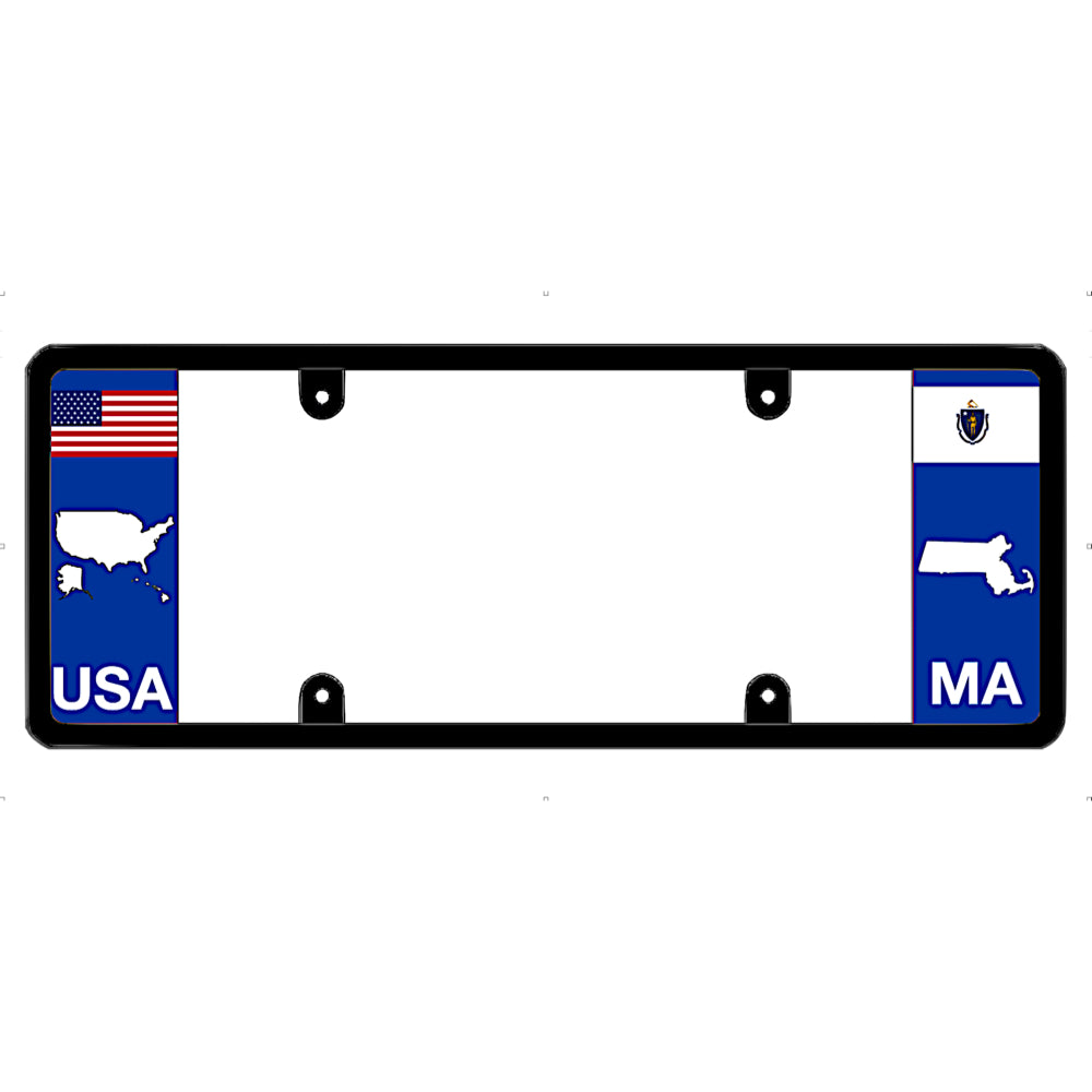 License plate frame with USA and Massachusetts (MA) designs on a white background