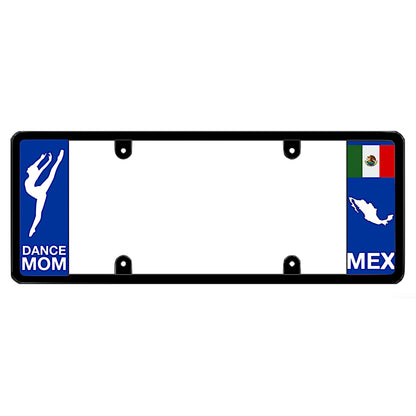 Mexican dancer license plate frame featuring a white dancer silhouette above white Dance Mom lettering on the left blue panel, and a Mexican flag above a white country map outline and MEX lettering on the right blue panel