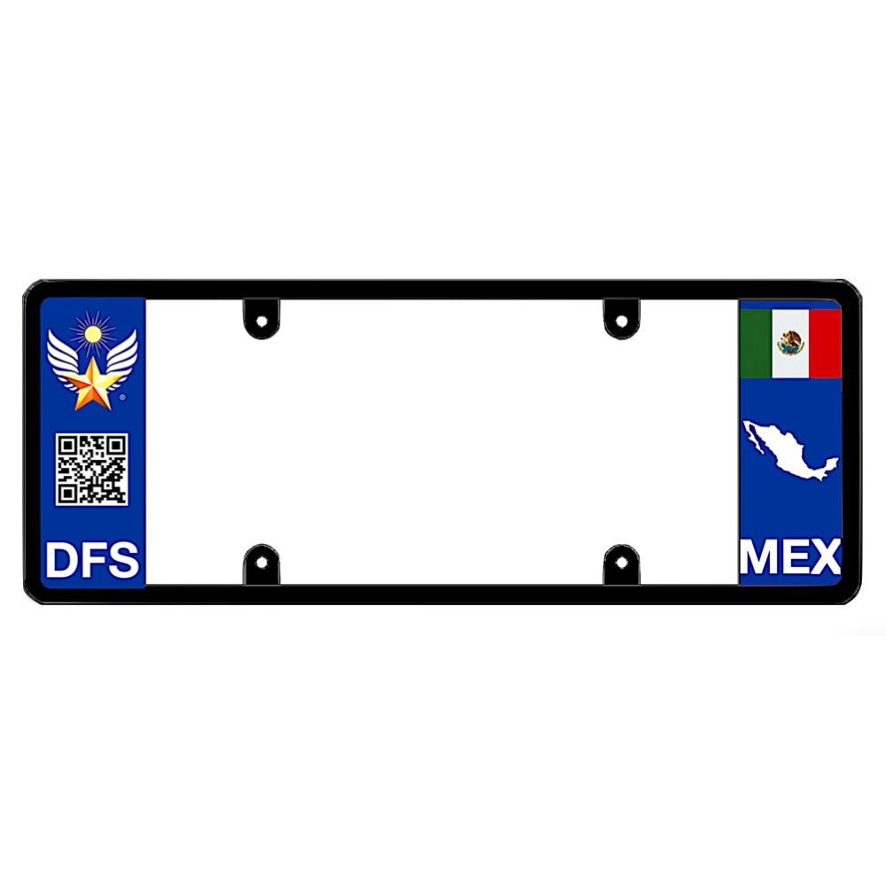 Mexican driver license plate frame featuring a blue left panel with DFS logo, a scannable QR code, and white DFS text, and a blue right panel displaying the Mexican flag above a white country map shape and MEX text drive your identity DFSbrands.com