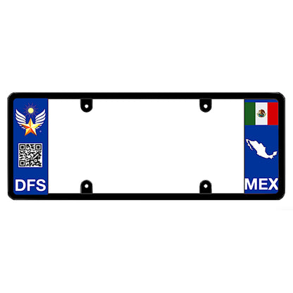 Mexican driver license plate frame featuring a blue left panel with DFS logo, a scannable QR code, and white DFS text, and a blue right panel displaying the Mexican flag above a white country map shape and MEX text drive your identity DFSbrands.com
