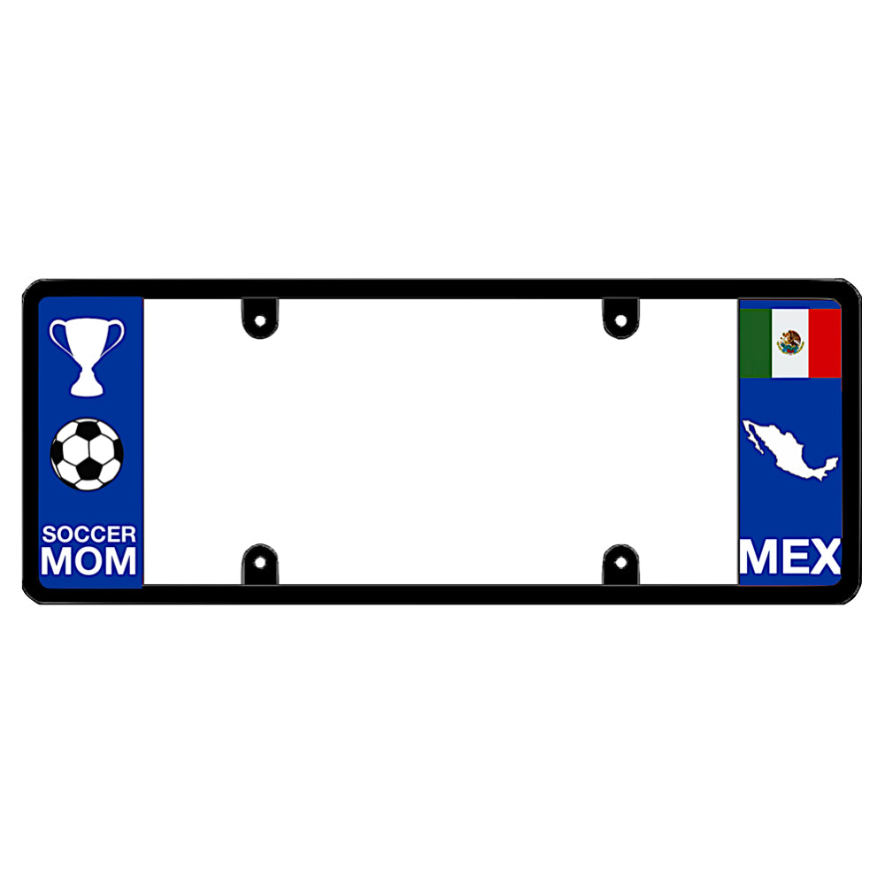 Mexican football license plate frame featuring a white trophy and soccer ball graphic above white Soccer Mom lettering on the left blue panel, and a Mexican flag above a white country map outline and MEX lettering on the right blue pane