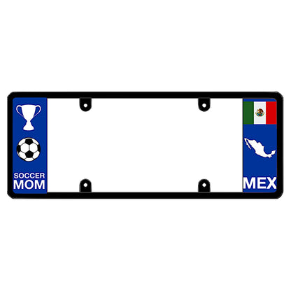 Mexican football license plate frame featuring a white trophy and soccer ball graphic above white Soccer Mom lettering on the left blue panel, and a Mexican flag above a white country map outline and MEX lettering on the right blue pane