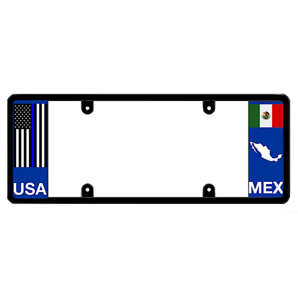 Mexican black license plate frame featuring a vertical thin blue line American flag above white USA lettering on the left blue panel, and a Mexican flag above a white country map outline and MEX lettering on the right blue panel