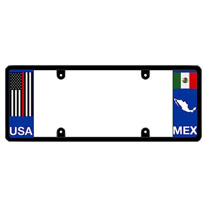 Firefighters mexican license plate frame featuring a vertical thin red line American flag above white USA lettering on the left blue panel, and a Mexican flag above a white country map outline and MEX lettering on the right blue panel