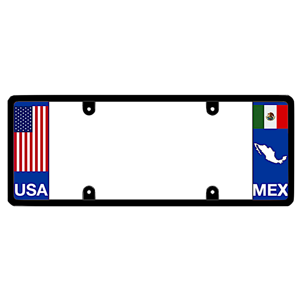 Mexican license plate frame featuring a traditional red, white, and blue American flag above white USA lettering on the left blue panel, and a Mexican flag above a white country map outline and MEX lettering on the right blue panel