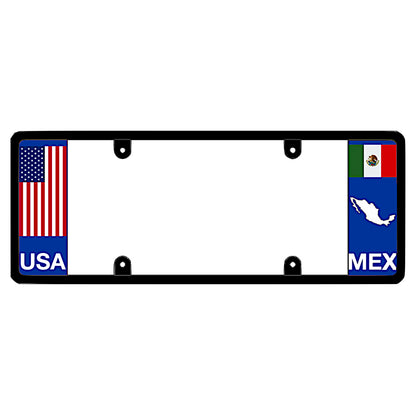 Mexican license plate frame featuring a traditional red, white, and blue American flag above white USA lettering on the left blue panel, and a Mexican flag above a white country map outline and MEX lettering on the right blue panel