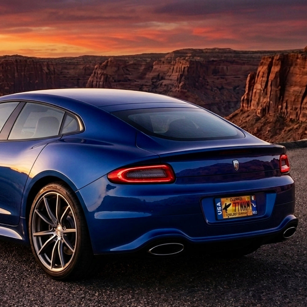 Blue sports car parked with DFS Mexico patented license frame installed in front of a desert landscape with a sunset 