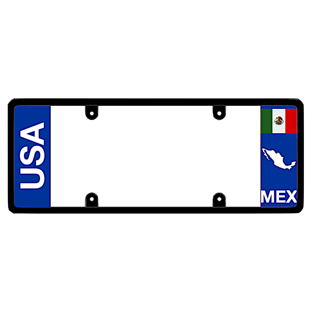 Mexican license plate frame featuring a vertical blue panel with bold white USA lettering on the left, and a blue panel with the Mexican flag above a white country map shape and MEX lettering on the right