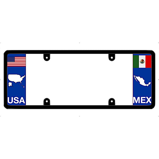 License plate frame with USA and Mexico flags on a white background