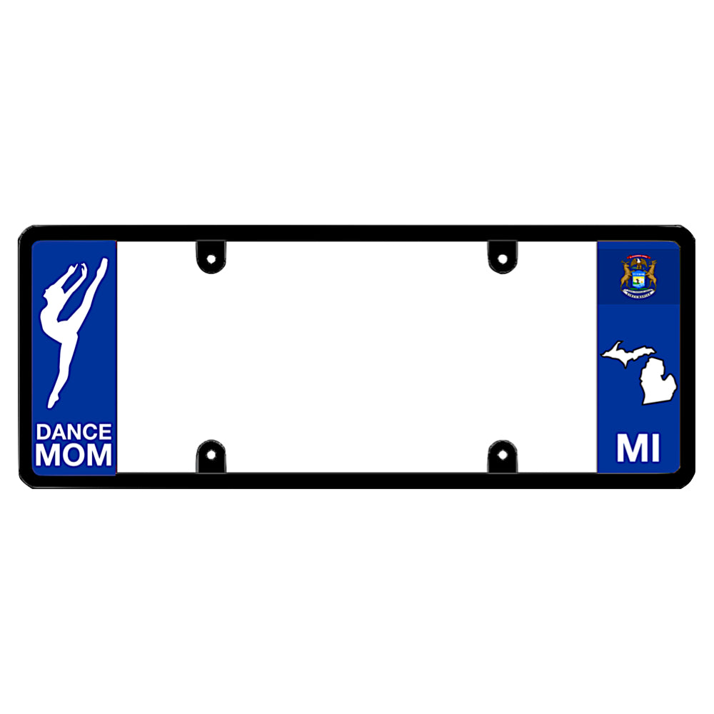 Michigan license plate frame by DFS featuring a patented elongated design with a dancer silhouette and "DANCE MOM" text on the left wing, alongside the Michigan state flag, MI text, and Michigan map outline on the right