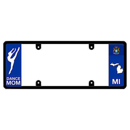 Michigan license plate frame by DFS featuring a patented elongated design with a dancer silhouette and "DANCE MOM" text on the left wing, alongside the Michigan state flag, MI text, and Michigan map outline on the right