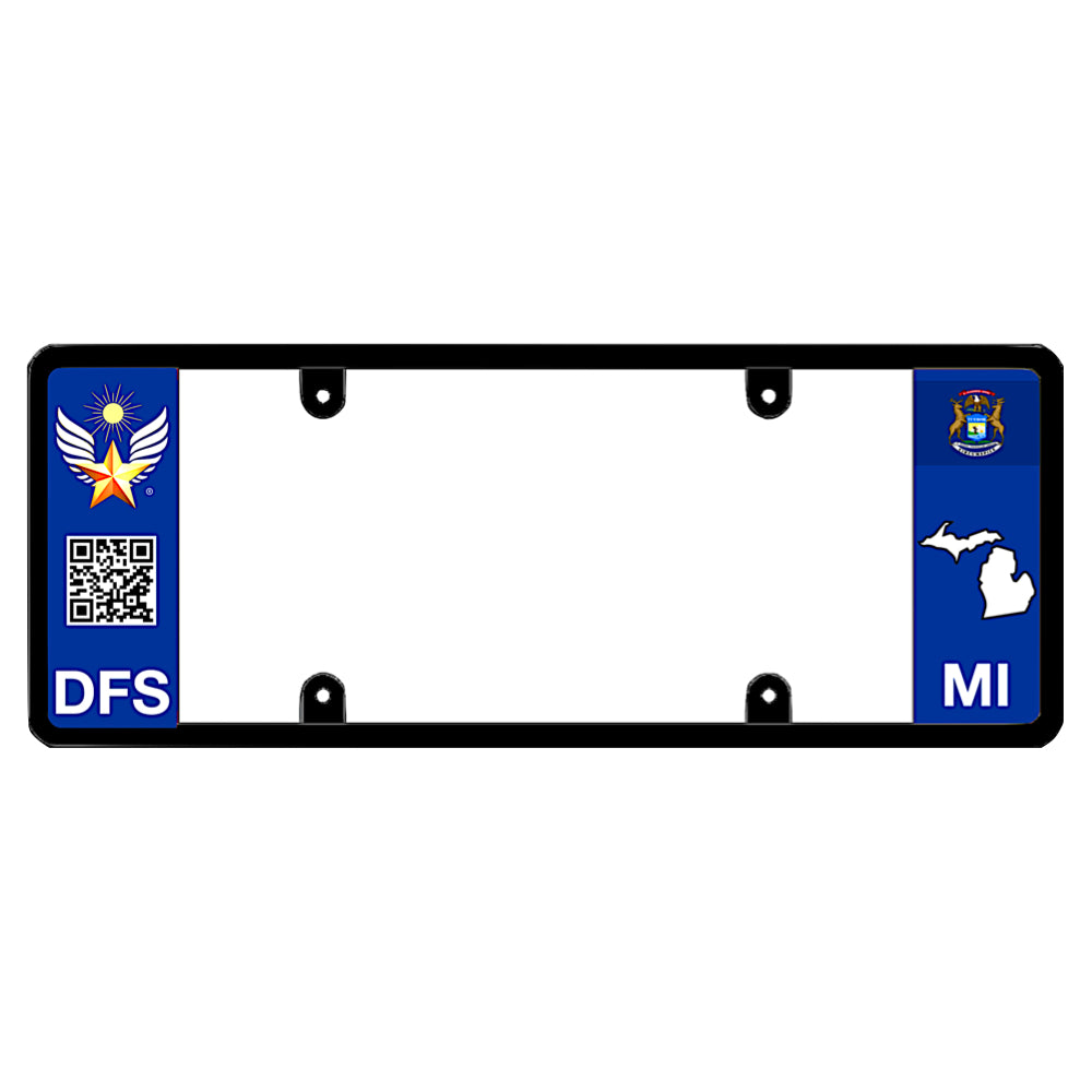 Michigan license plate frame by DFS featuring a patented elongated design with the official DFS logo, a scannable QR code, and DFS text on the left wing, alongside the Michigan state flag, MI text, and Michigan map outline on the right, DFS the official license frame of America, drive your identity