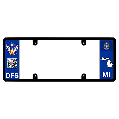Michigan license plate frame by DFS featuring a patented elongated design with the official DFS logo, a scannable QR code, and DFS text on the left wing, alongside the Michigan state flag, MI text, and Michigan map outline on the right, DFS the official license frame of America, drive your identity