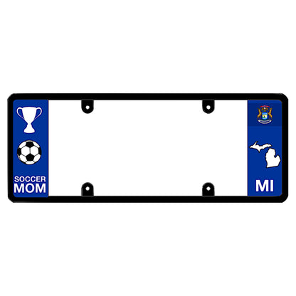 Michigan license plate frame by DFS featuring a patented elongated design with a soccer ball, trophy, and "SOCCER MOM" text on the left wing, alongside the Michigan state flag, MI text, and Michigan map outline on the right