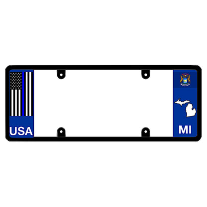 Michigan license plate frame by DFS featuring a patented elongated design with a thin blue line USA flag on the left wing, alongside the Michigan state flag, MI text, and Michigan map outline on the right.