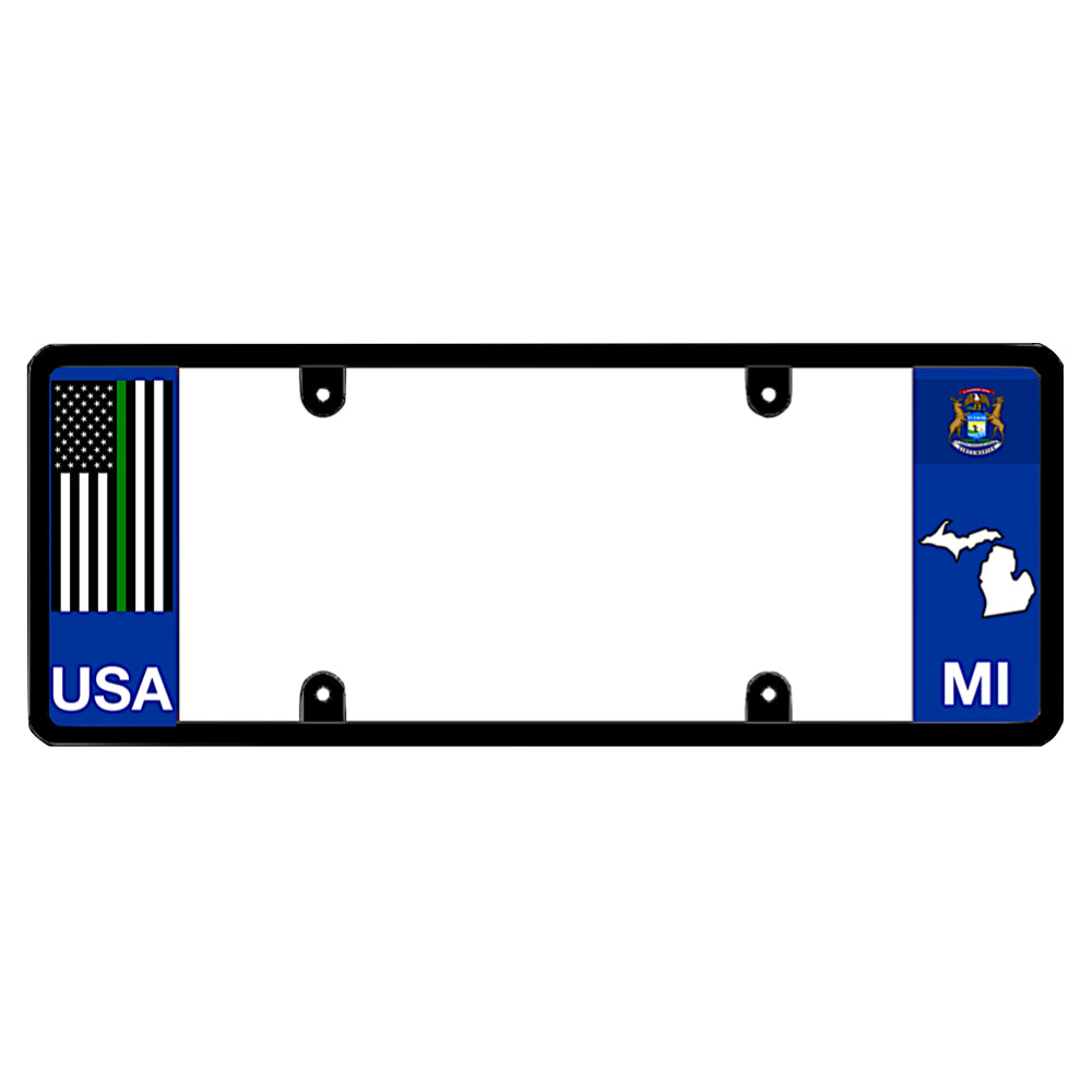 Michigan license plate frame by DFS featuring a patented elongated design with a thin green line USA flag on the left wing, alongside the Michigan state flag, MI text, and Michigan map outline on the right.