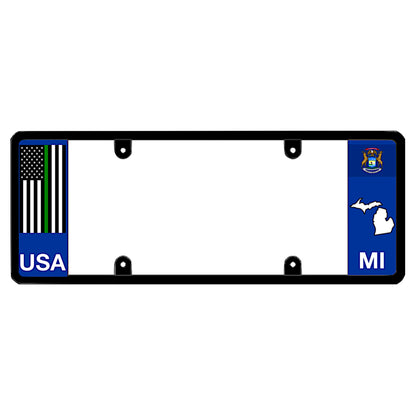 Michigan license plate frame by DFS featuring a patented elongated design with a thin green line USA flag on the left wing, alongside the Michigan state flag, MI text, and Michigan map outline on the right.