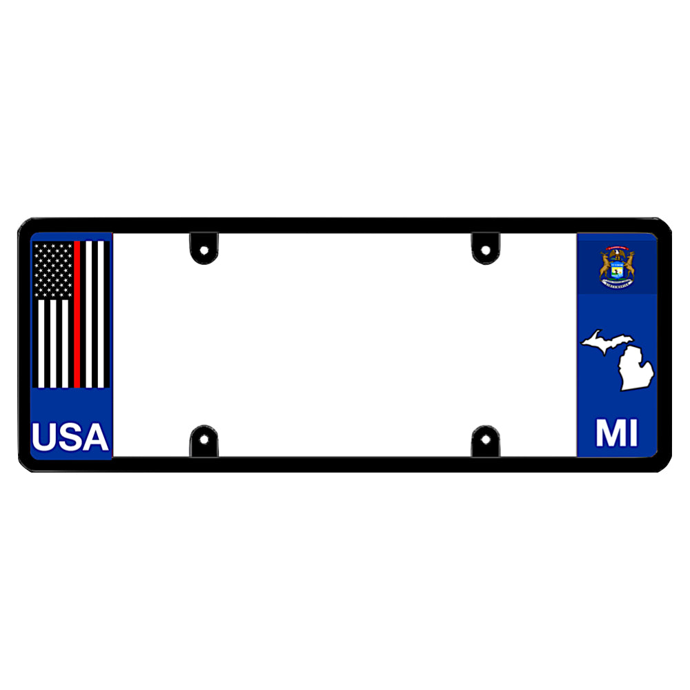 Michigan license plate frame by DFS featuring a patented elongated design with a thin red line USA flag on the left wing, alongside the Michigan state flag, MI text, and Michigan map outline on the right.