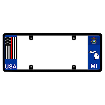 Michigan license plate frame by DFS featuring a patented elongated design with a thin red line USA flag on the left wing, alongside the Michigan state flag, MI text, and Michigan map outline on the right.
