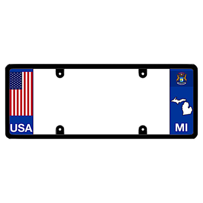 Michigan license plate frame by DFS featuring a patented elongated design with a traditional full-color American flag and USA text on the left wing, alongside the Michigan state flag, MI text, and Michigan map outline on the right.