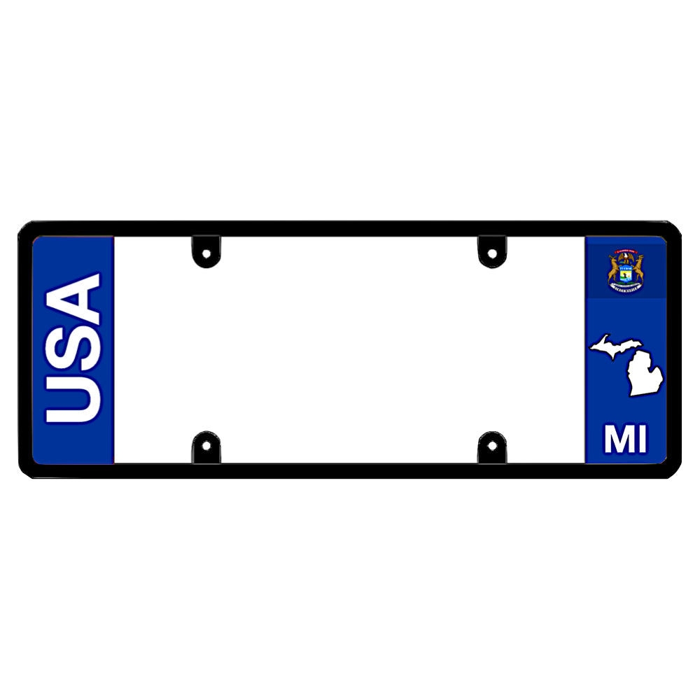 Michigan license plate frame by DFS featuring a patented elongated design with large vertical USA text on the blue left wing, alongside the Michigan state flag, MI text, and Michigan map outline on the right.