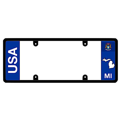 Michigan license plate frame by DFS featuring a patented elongated design with large vertical USA text on the blue left wing, alongside the Michigan state flag, MI text, and Michigan map outline on the right.