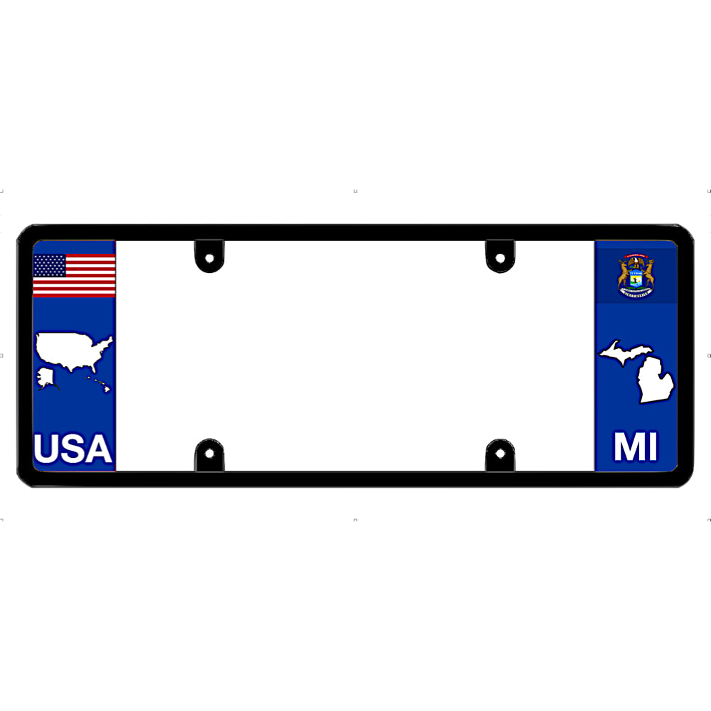 License plate frame with USA and Michigan state symbols on a white background