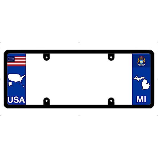 License plate frame with USA and Michigan state symbols on a white background