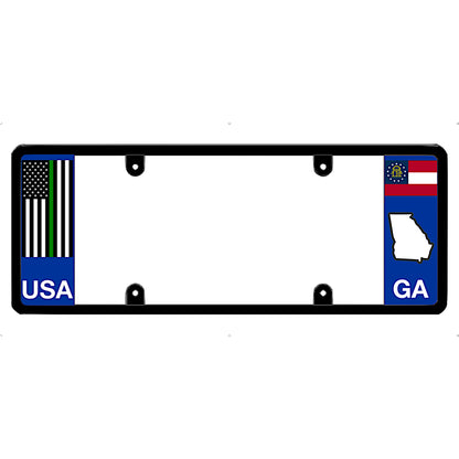 Car license plate frame with thin green line USA and Georgia designs on a white background