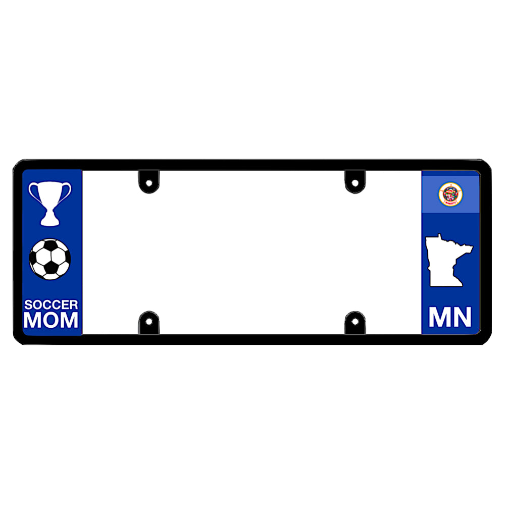 Minnesota legal license plate frame soccer mom car accessory with white trophy graphic.