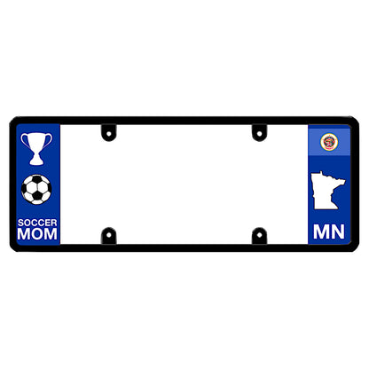 Minnesota legal license plate frame soccer mom car accessory with white trophy graphic.