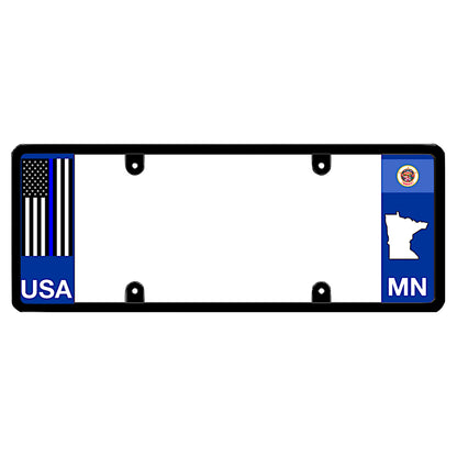 Minnesota license plate frame with an official thin blue line flag law enforcement support design.