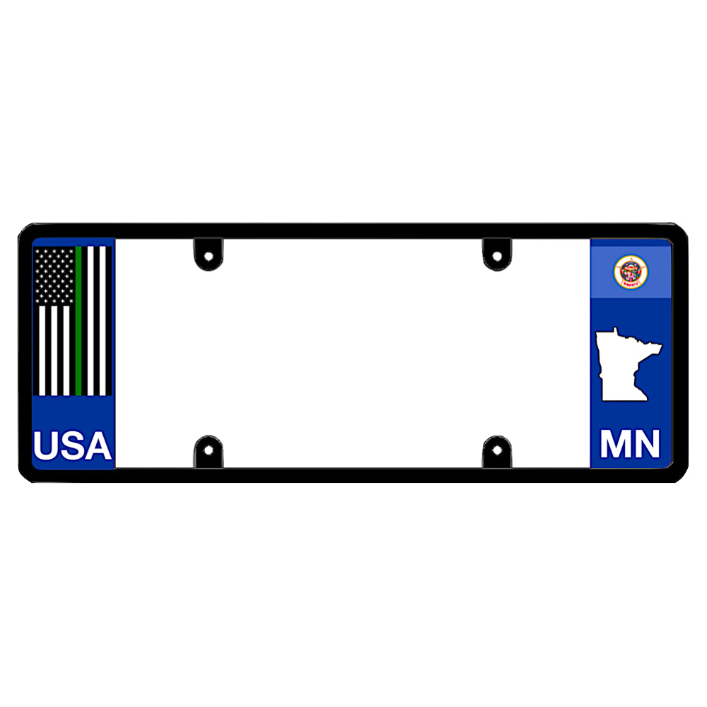 Minnesota unique license plate frame showcasing a tactical thin green line military flag graphic.
