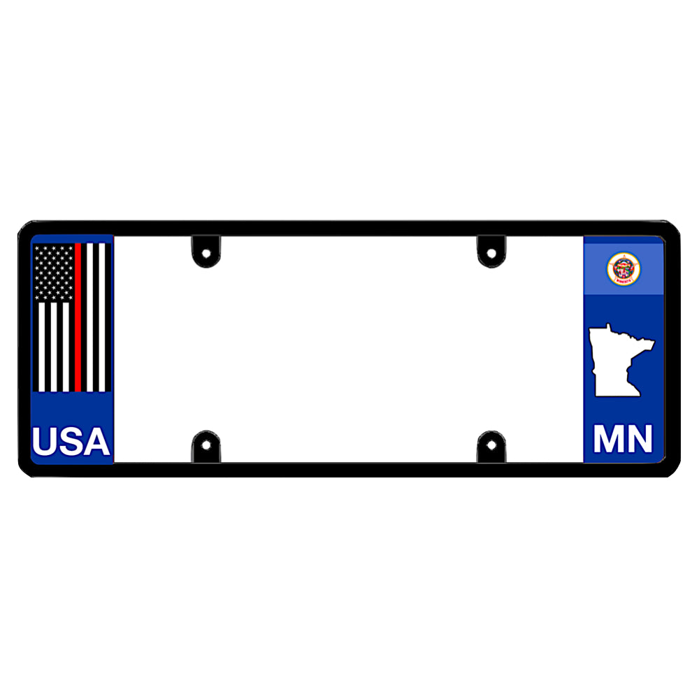 Minnesota legal license plate frame shield featuring a firefighter support thin red line graphic.