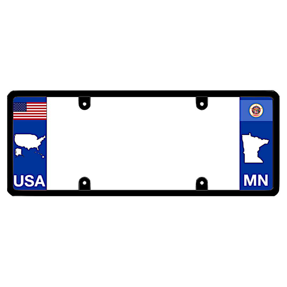 Minnesota license plate frame with USA and MN state flags on a white background