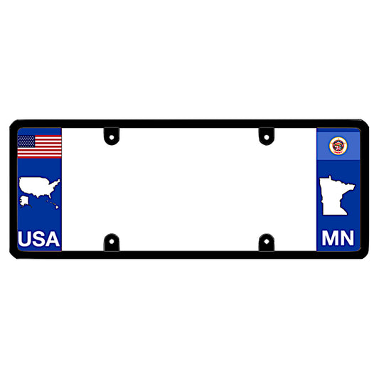 Minnesota license plate frame with USA and MN state flags on a white background