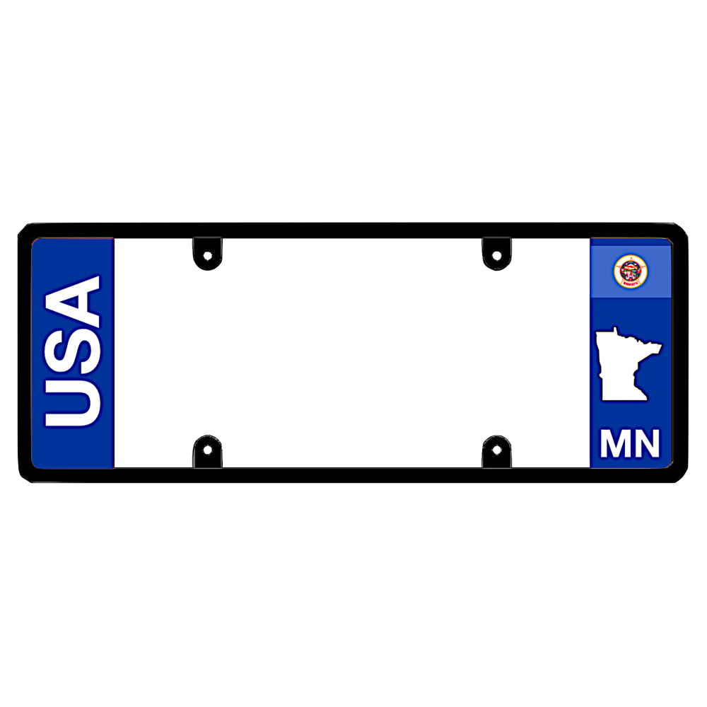 Minnesota elongated license plate frame holder with bold vertical block USA lettering text.