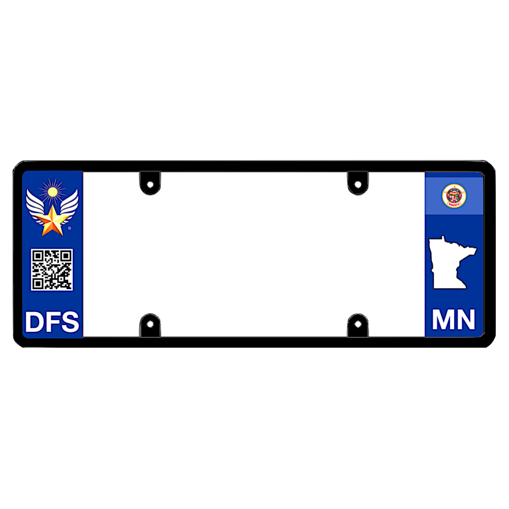 Minnesota legal license plate frame with DFS crest and interactive scannable QR code.