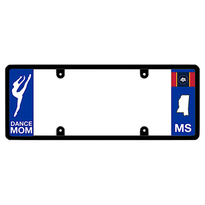 Mississippi license plate frame dance mom cover by DFS, the official license frame of America. Drive your identity using a premium automotive accessory detailed with an elegant white ballet dancer silhouette graphic against a local MS state magnolia bloom panel.