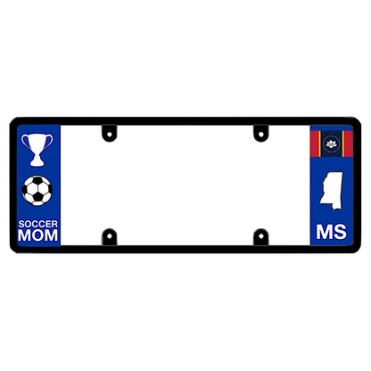 Mississippi license plate frame soccer mom wrap by DFS, the official license frame of America. Drive your identity with sports family SUV and minivan exterior gear displaying a white championship trophy, soccer ball design, and blue MS state flag layout.