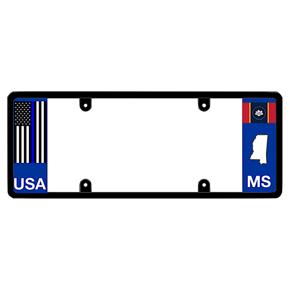 Mississippi license plate frame thin blue line auto rim by DFS, the official license frame of America. Drive your identity with a police officer tribute car plate protector featuring a tactical blue line flag print and MS highway patrol emblem panel.