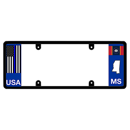 Mississippi license plate frame thin blue line auto rim by DFS, the official license frame of America. Drive your identity with a police officer tribute car plate protector featuring a tactical blue line flag print and MS highway patrol emblem panel.
