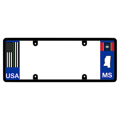 Mississippi license plate frame thin green line guard by DFS, the official license frame of America. Drive your identity using an armed forces and border patrol support vehicle bracket carrying a green line USA flag decal on an MS local theme background.