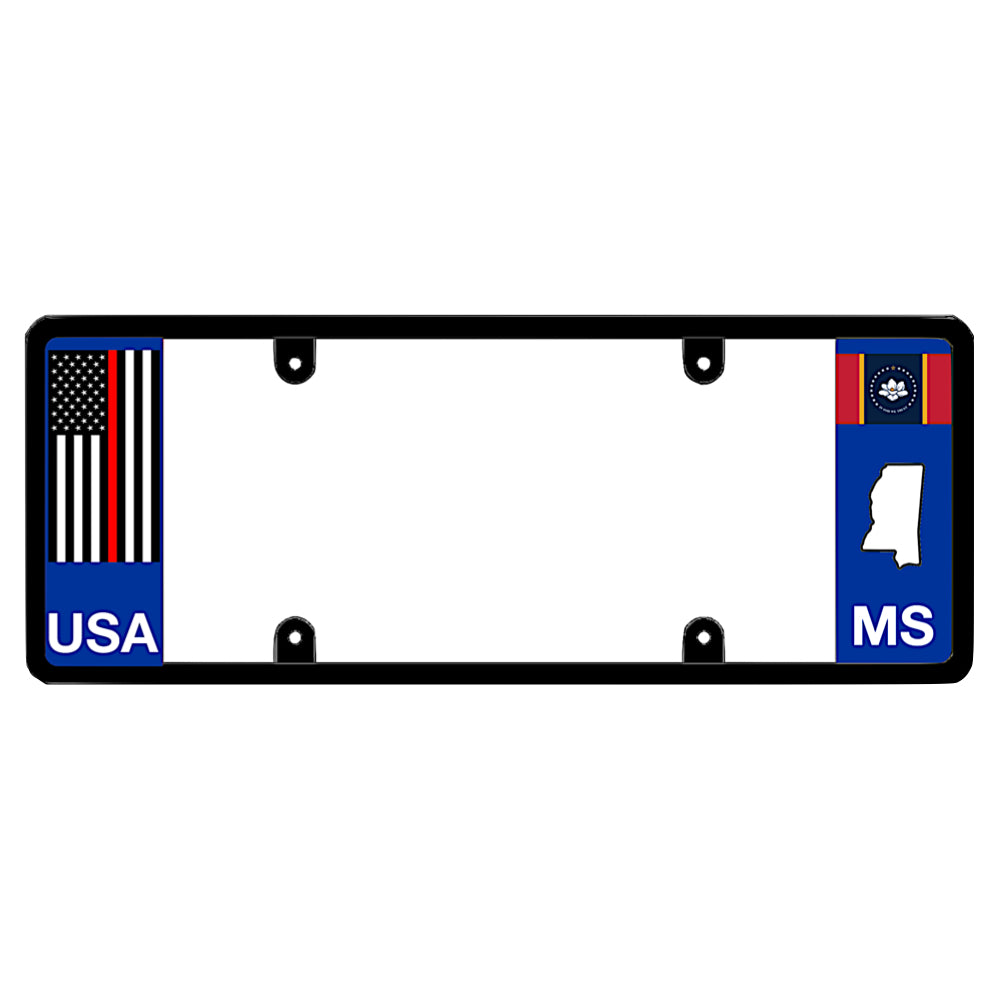 Mississippi license plate frame thin red line vehicle hardware by DFS, the official license frame of America. Drive your identity with a volunteer firefighter commemorative car frame boasting an emergency services line decal beside an MS state emblem cutout.