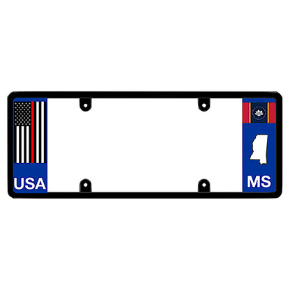 Mississippi license plate frame thin red line vehicle hardware by DFS, the official license frame of America. Drive your identity with a volunteer firefighter commemorative car frame boasting an emergency services line decal beside an MS state emblem cutout.