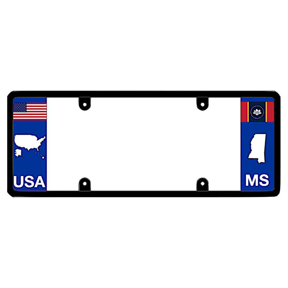 Mississippi license plate frame featuring a horizontal USA flag and United States map graphic by DFS, the official license frame of America. Drive your identity with a heavy-duty license housing showcasing a blue and gold MS state map cutout silhouette.