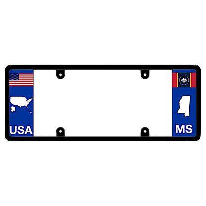 Mississippi license plate frame featuring a horizontal USA flag and United States map graphic by DFS, the official license frame of America. Drive your identity with a heavy-duty license housing showcasing a blue and gold MS state map cutout silhouette.