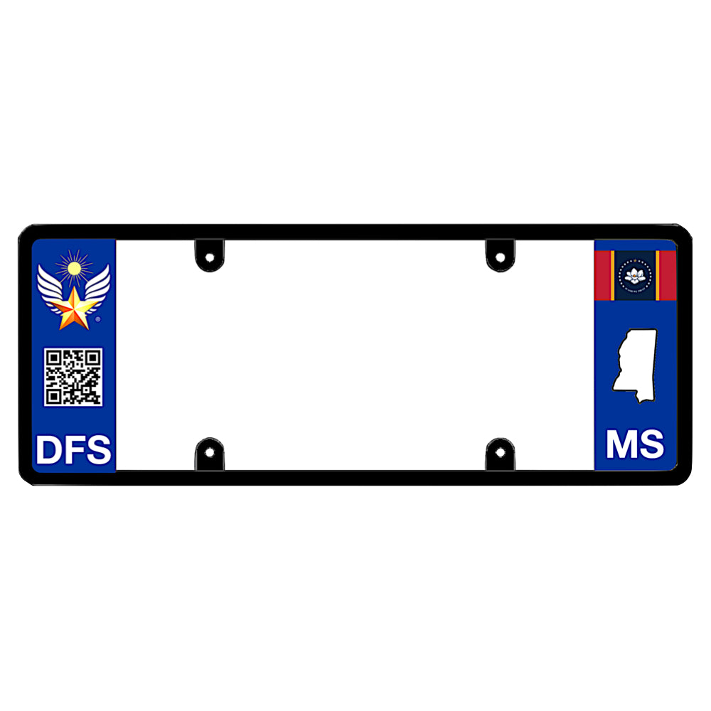 Mississippi license plate frame custom badge by DFS, the official license frame of America. Drive your identity with a high-tech smart auto exterior trim including a golden sun winged star medal, interactive scannable QR code panel print, and MS local geometry.